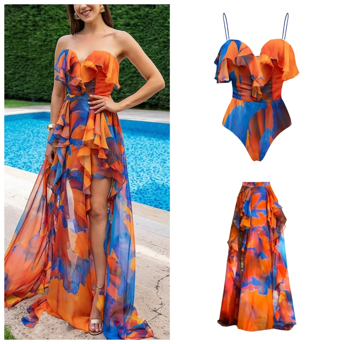 Women Floral Ruffle One Piece Swimsuit Swimwear Bathing Suit Swimming Costume Swimdress Beach Holiday Summer vacation Beachdress