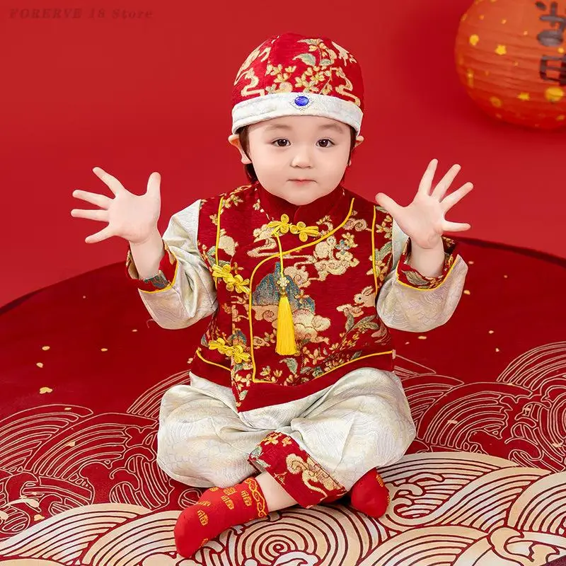 

Chinese Babys Tang Suit Spring Autumn Shirt Pant Hat 3 Piece Set Kids Hundred Days Photography Clothing Brocade New Year's Hanfu