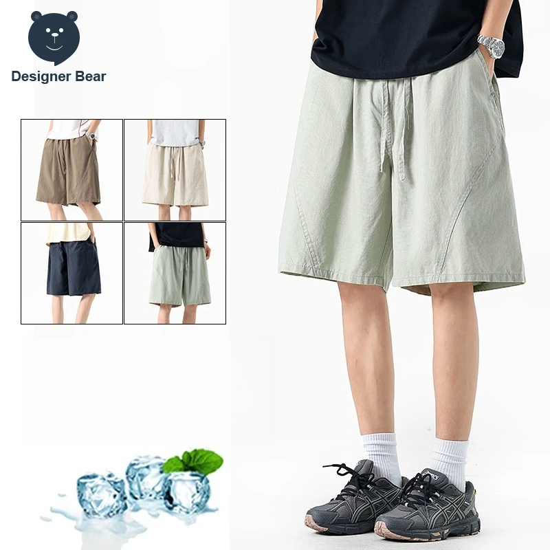 

Summer Thin Men's Breathable Lyocell Linen Blend Shorts Baggy Straight Drawstring Outdoor Pants Cool Work Joggers Shorts Bermuda