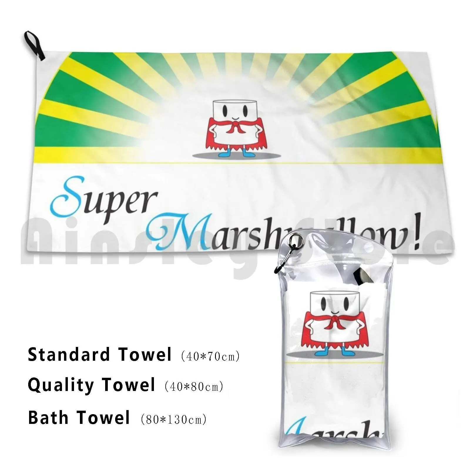 Super Marshmallow! ( Black Text ) Beach Towel Quick Dry Quality Towel Marshmallow Super Hero Superhero Candy