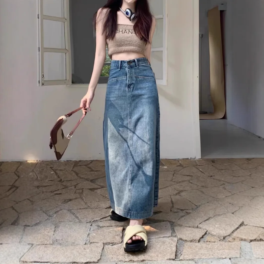 

Blue Retro Straight Denim Skirt Women's Spring High Waist Thin A-shaped Design Sense Split Skirt