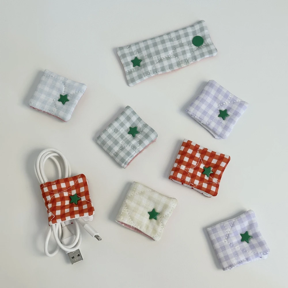 Cute Plaid Cotton Headphone Bag with Star Decor, Korean Style Cable Organizer for Earphones Data Cables