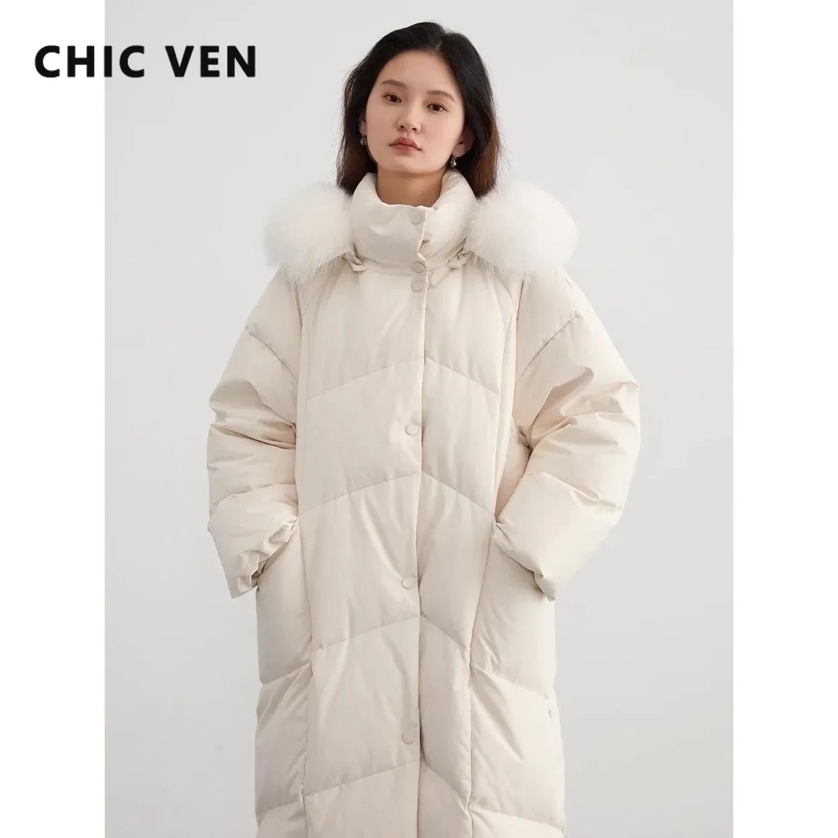 CHIC VEN Women Down Coats New 90 White Duck Down Long Female Down Jacket Hooded Woman Overcoat Winter 2023