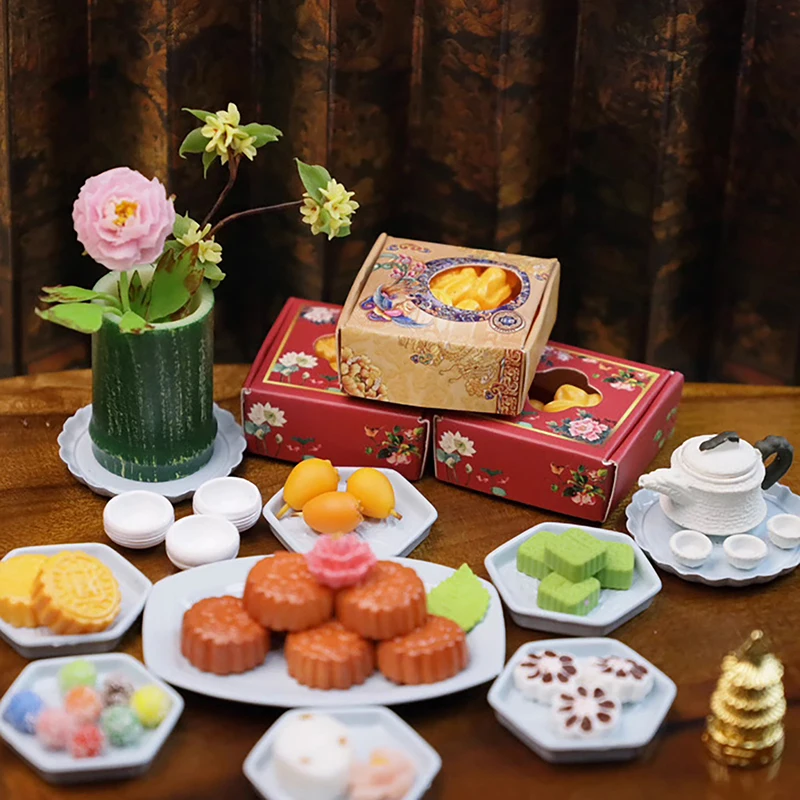 DollHouse Food Play Mini Moon Cake with Boxes Mid-Autumn Mooncake Food Dessert Model for Kitchen Restaurant Furniture Decoration