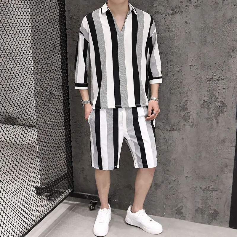 

Nylon No Logo Shirts Shorts Suits for Men New in Tops & Tees Two Piece Set Korean Style 2025 Outfits Regular Fit Cool Man Sets