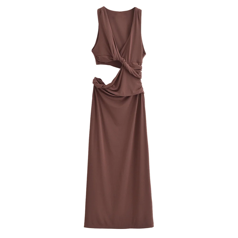 PB & ZA-vestido veraniego para mujer, prenda ajustada con cintura, versátil, color liso, corte de hombro y tirantes, cuello en V, novedad de 2024