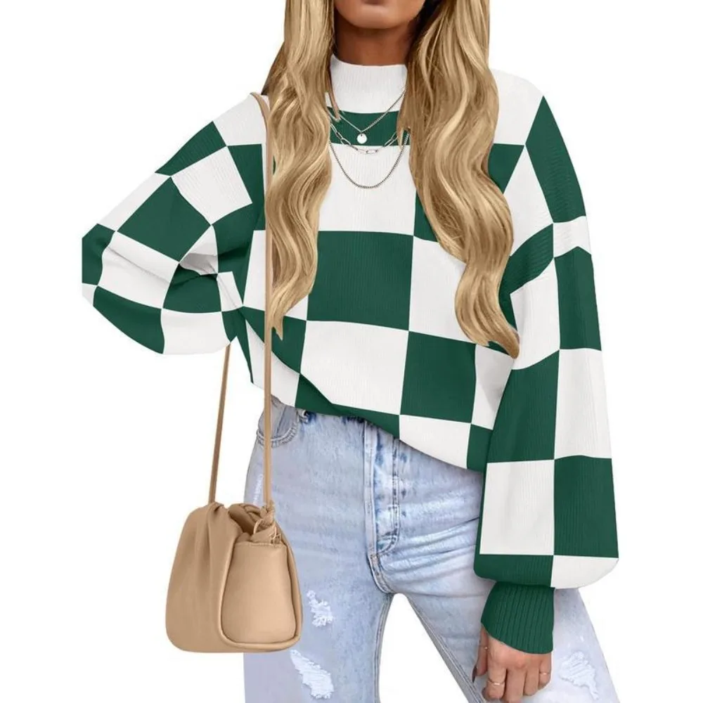 Modischer, hochgeschlossener, gestreifter Strickpullover, übergroßer Pullover, Rundhalsausschnitt, Fledermausärmel, weicher, bequemer Kopf