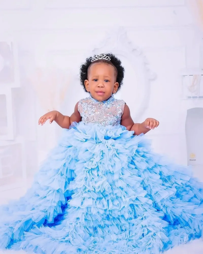 

Customized Blue Flower Girl Dresses for Wedding with Bow Ruffles Lace Baby Kids Birthday Gowns Princess First Communion Gowns