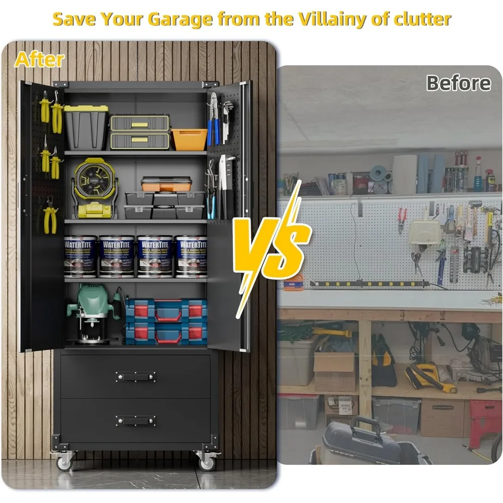 Большой металлический шкаф для хранения на колесах, запираемый стальной шкаф с 3 регулируемыми полками и 6 крючками для улучшенной организации