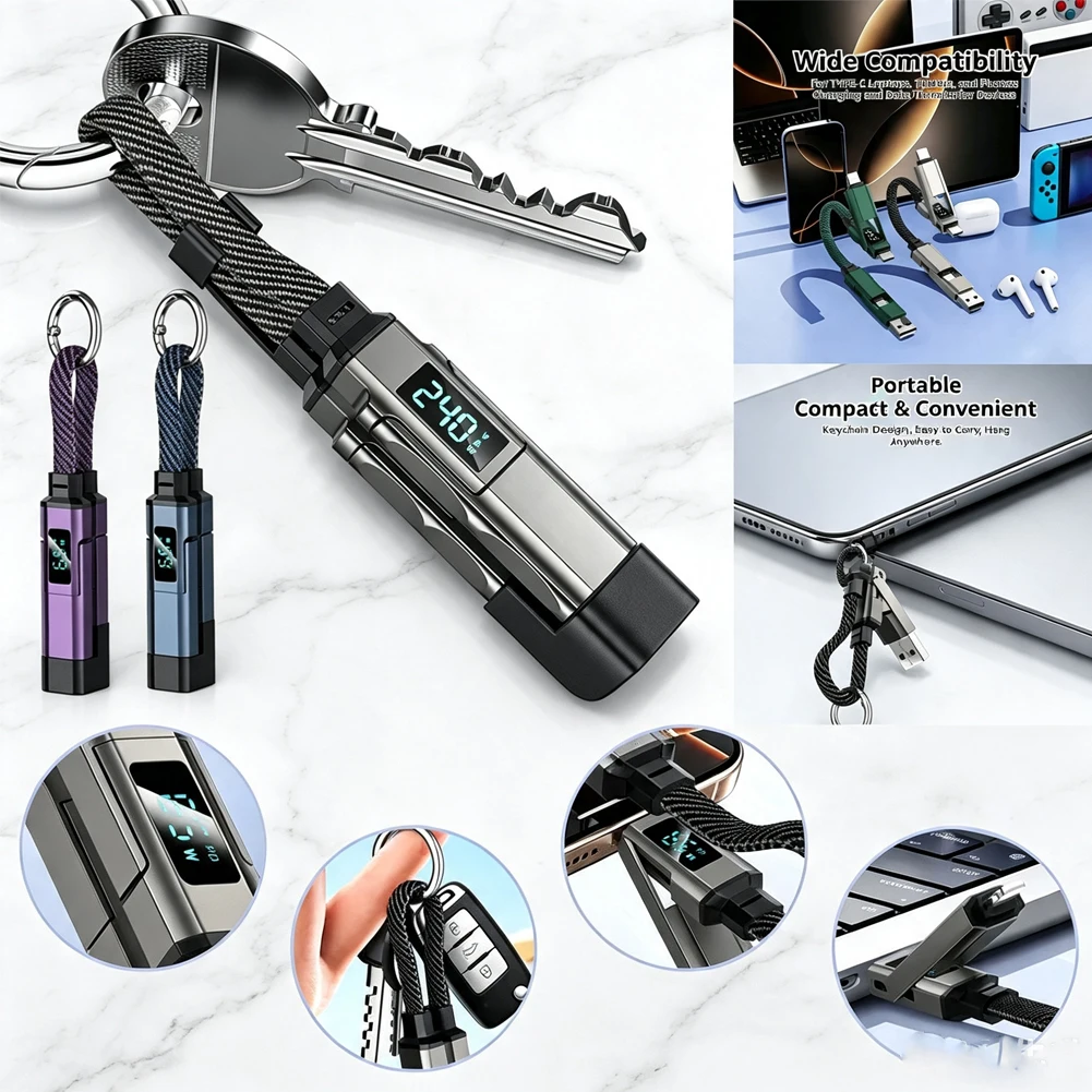 In** Stock 4 in 1 65W Keychain Charging Cable USB C Cable with V/A/W Display Type C for Portable Cord for Laptop Mobile Phone
