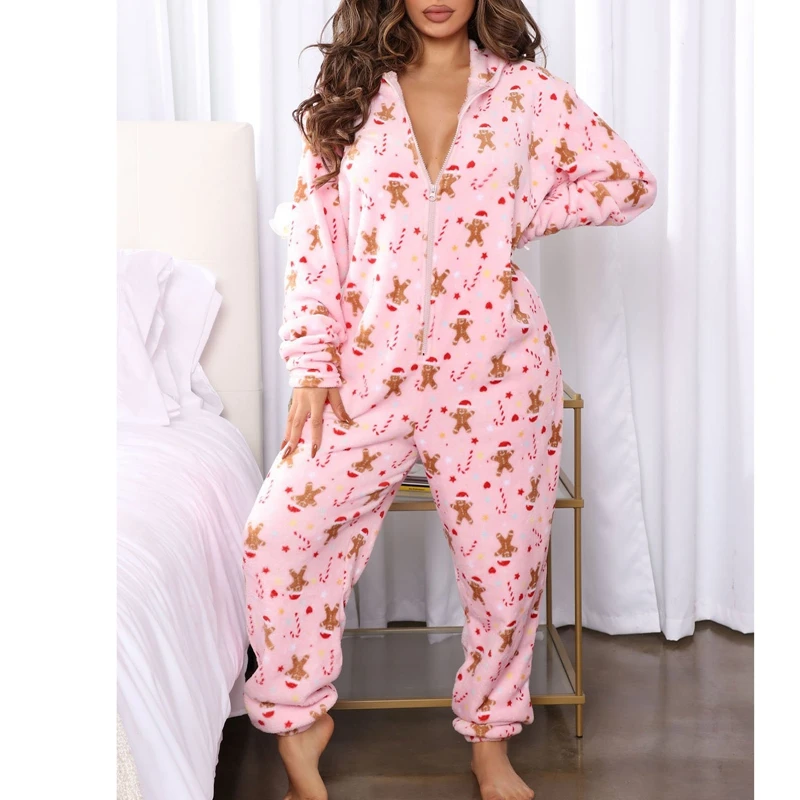 Women's Christmas Hoodie Pajamas Elk Snowflake Print Fleece Jumpsuit Long Sleeve Zipper Romper Loungewear for Fall Winter