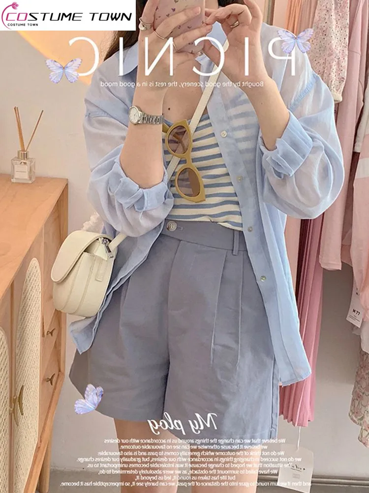 

Spring/Summer Women's Set 2023 New Korean Sunscreen Shirt with Suspended Tank Top Slim Casual Shorts Three Piece Set