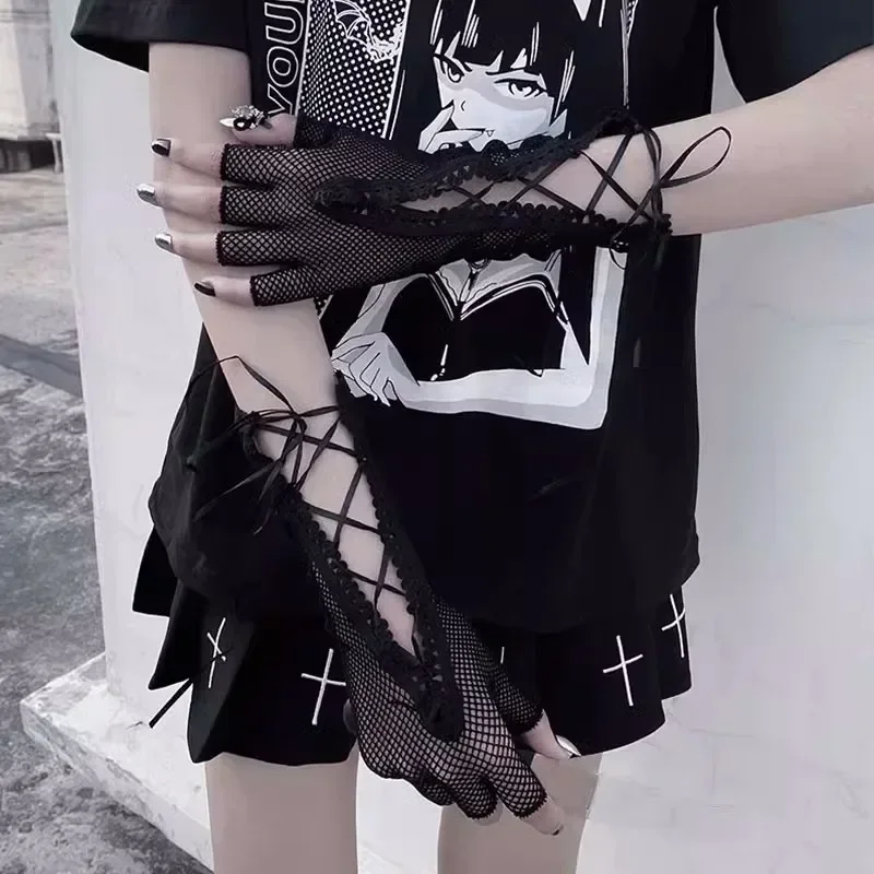 New Gothic Lolita Bandage Fishnet Long Half-Finger Hand Gloves Cuff Women Men Sexy Mesh Black Punk Outdoor Goth Stretchy Mittens