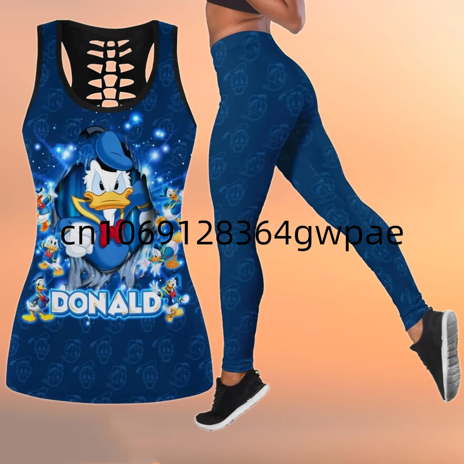 Donald Duck Women Book Hollow Vest + Women Leggings Yoga Suit Fitness Leggings Sports Suit Disney Tank Top Legging Set Outfit