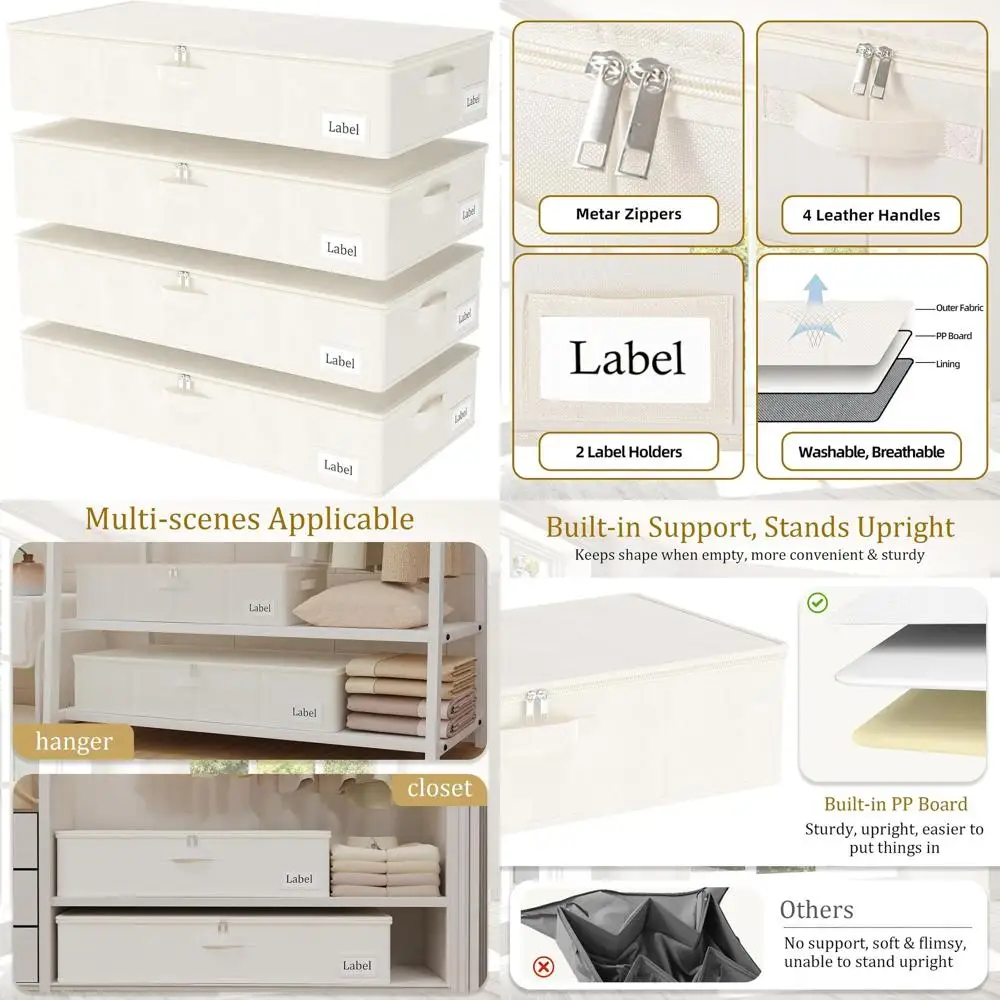 

Большие коробки для хранения под кроватью, 4 шт., с крышками, застежкой-молнией и держателями для этикеток, для одежды, 31.5Д x 15.7Ш x 6В, бежевые