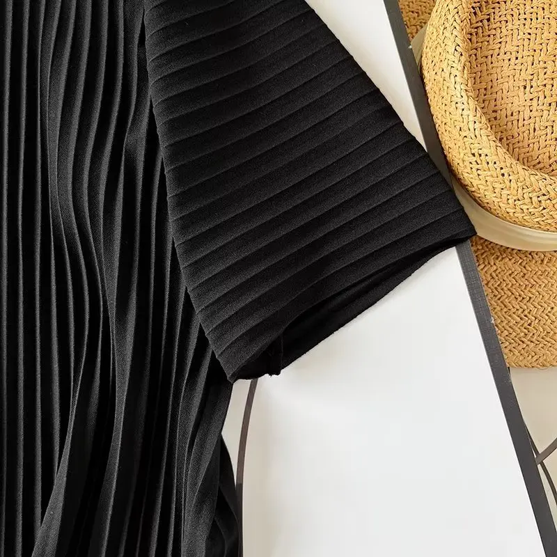 Dave&Di British Fashion Office Ladies Neck Zipper Loose  Round Pleated Top Black Casual Summer T-Shirt Women