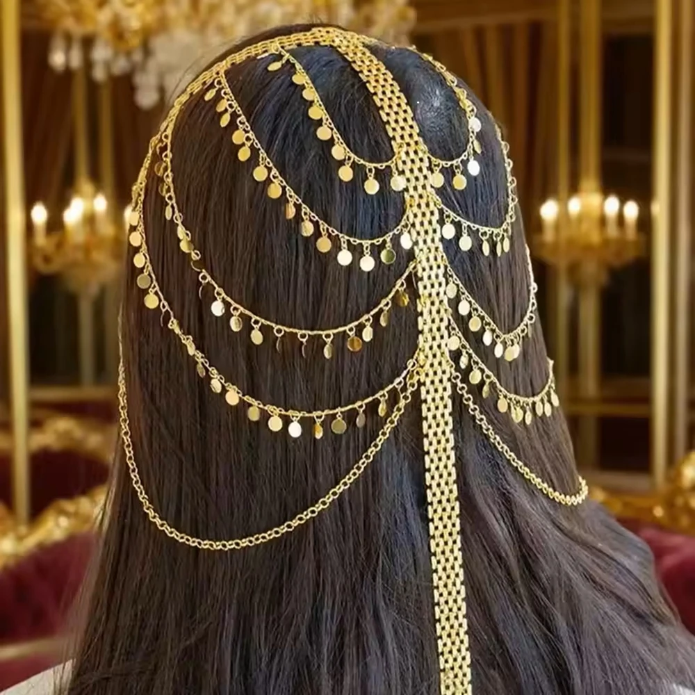 Trend Egyptian Headpiece Jewelry Kurdish Ethnic Style Golded Coin Sequin Tassel Bride Head Chain For Women Hair Accessories