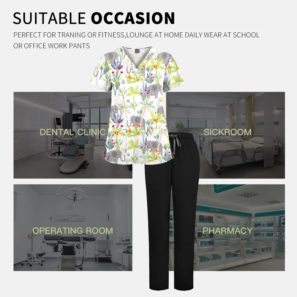 ニアヒン ペット看護ユニフォーム 作業服 スクラブセット ポケット付き 漫画プリント Vネック 医療ユニフォーム 半袖コスチューム