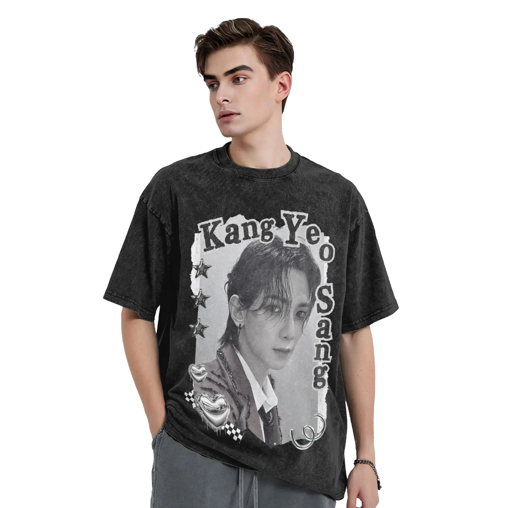 Kpop Boy Group A-Ateez Yeosang Washed T Shirts Streetwear  Vintage T-Shirts  Tees for Men Women Cotton Harajuku Summer
