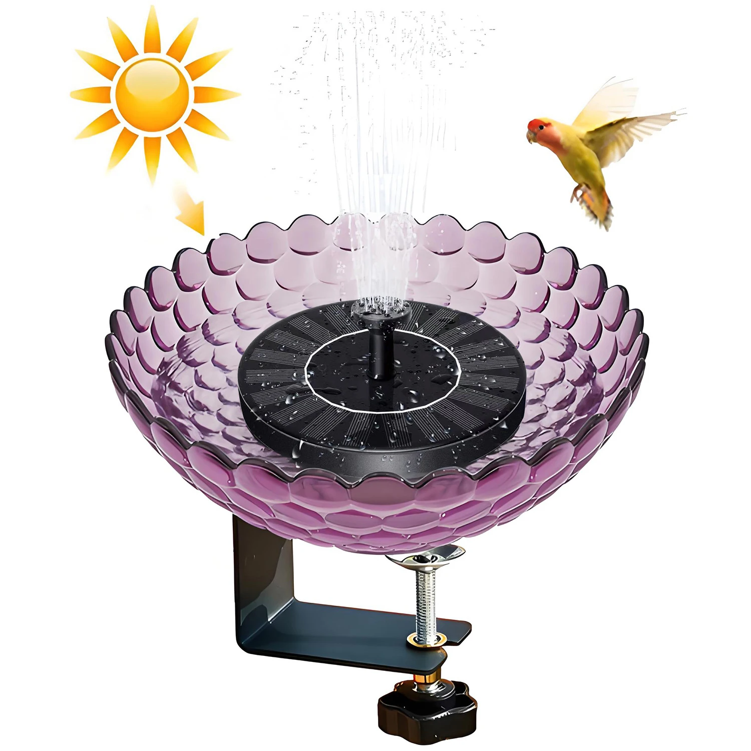 Solar Bird Bath Fountains for Outside,Deck Bird Bath with Solar Fountain,Detachable Birdbath Bowl with Adjustable Steel Clamp