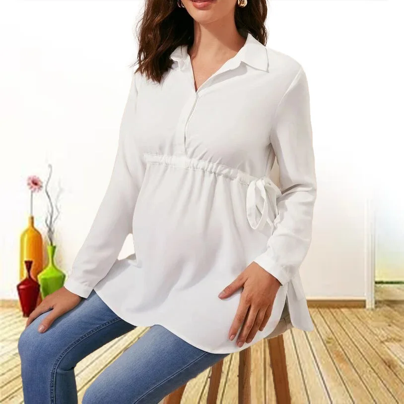 Roupas de maternidade cor pura solta respirável conforto camisa elegante simples elegante topo para mulheres grávidas blusa