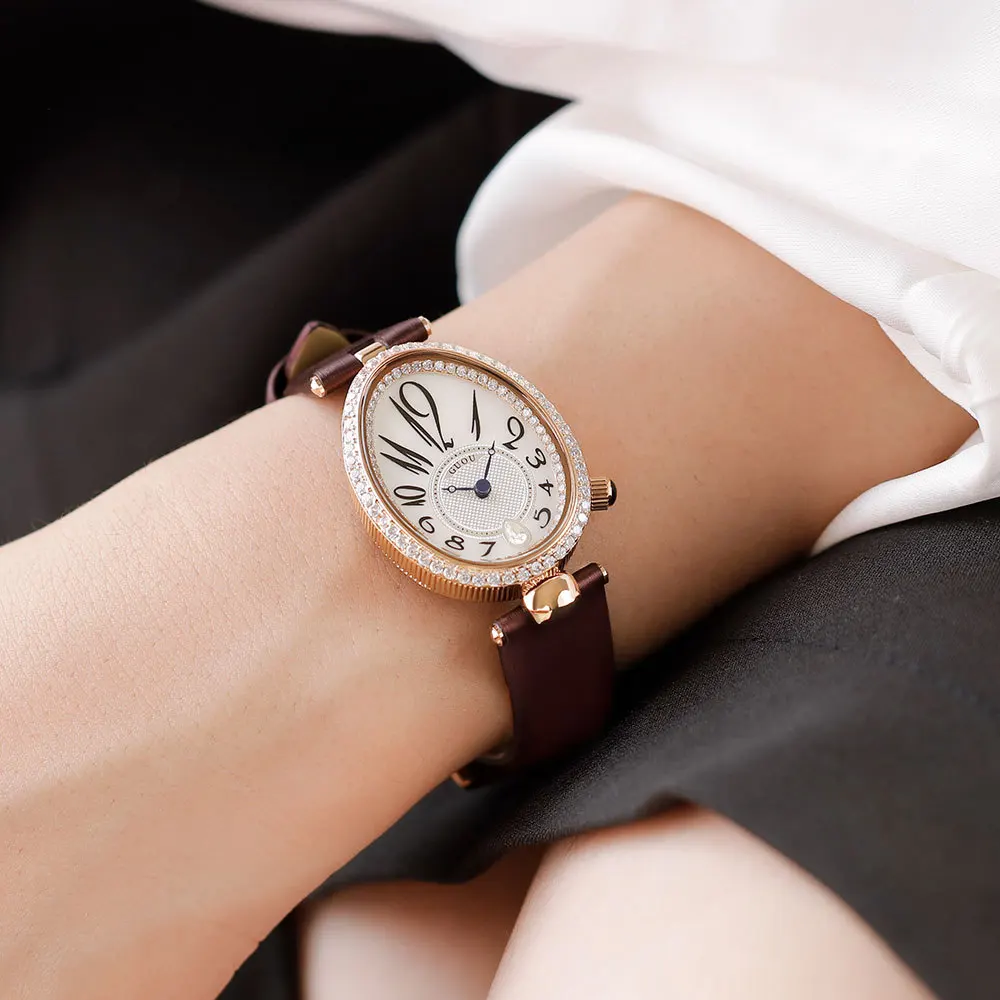 Top Brand Japan Movement Fashion Oval Quartz Watch for Women Luxury Diamond Set Leather Business Watch Reloj Mujer