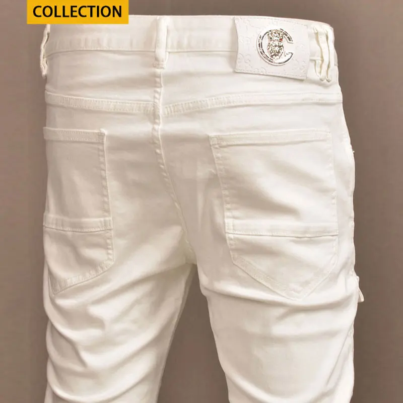 Streetwear Fashion Men Jeans White Stretch Skinny Fit Hip Hop Jeans Men Multi Pockets Designer Casual Denim Cargo Pants Hombre