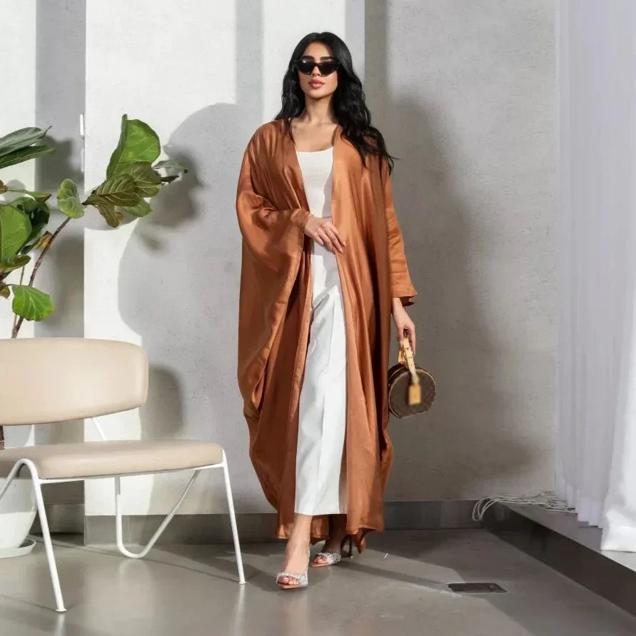

Fashion Open Satin Abayas for Women New Dubai Plain Kimono Muslim Dress Turkiye Elegant Cardigan Islam Clothing Marocain Femme