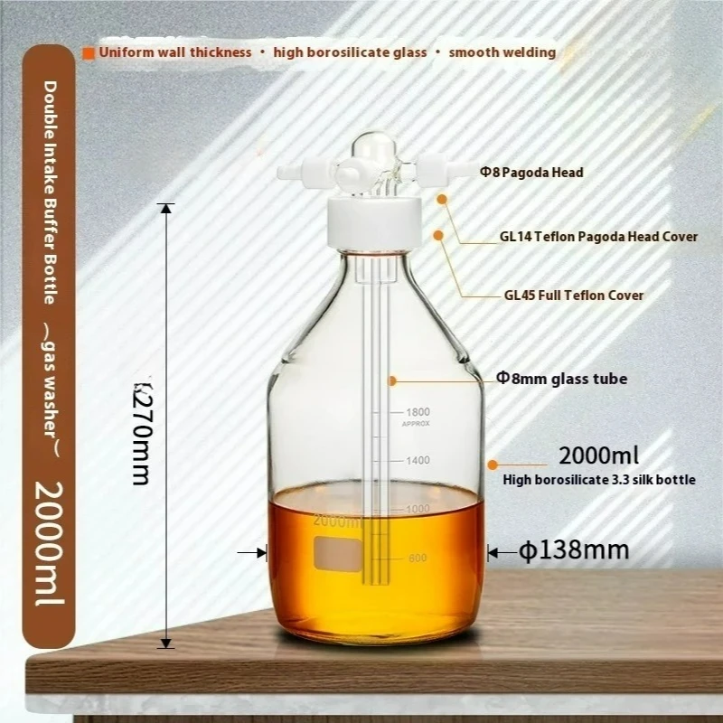 

PTFE Cap Gas Washing Bottle Double Inlet Buffer Spiral GL45 High Borosilicate Gas Buffer Acid Alkali Resistant Bottle100-2000ML