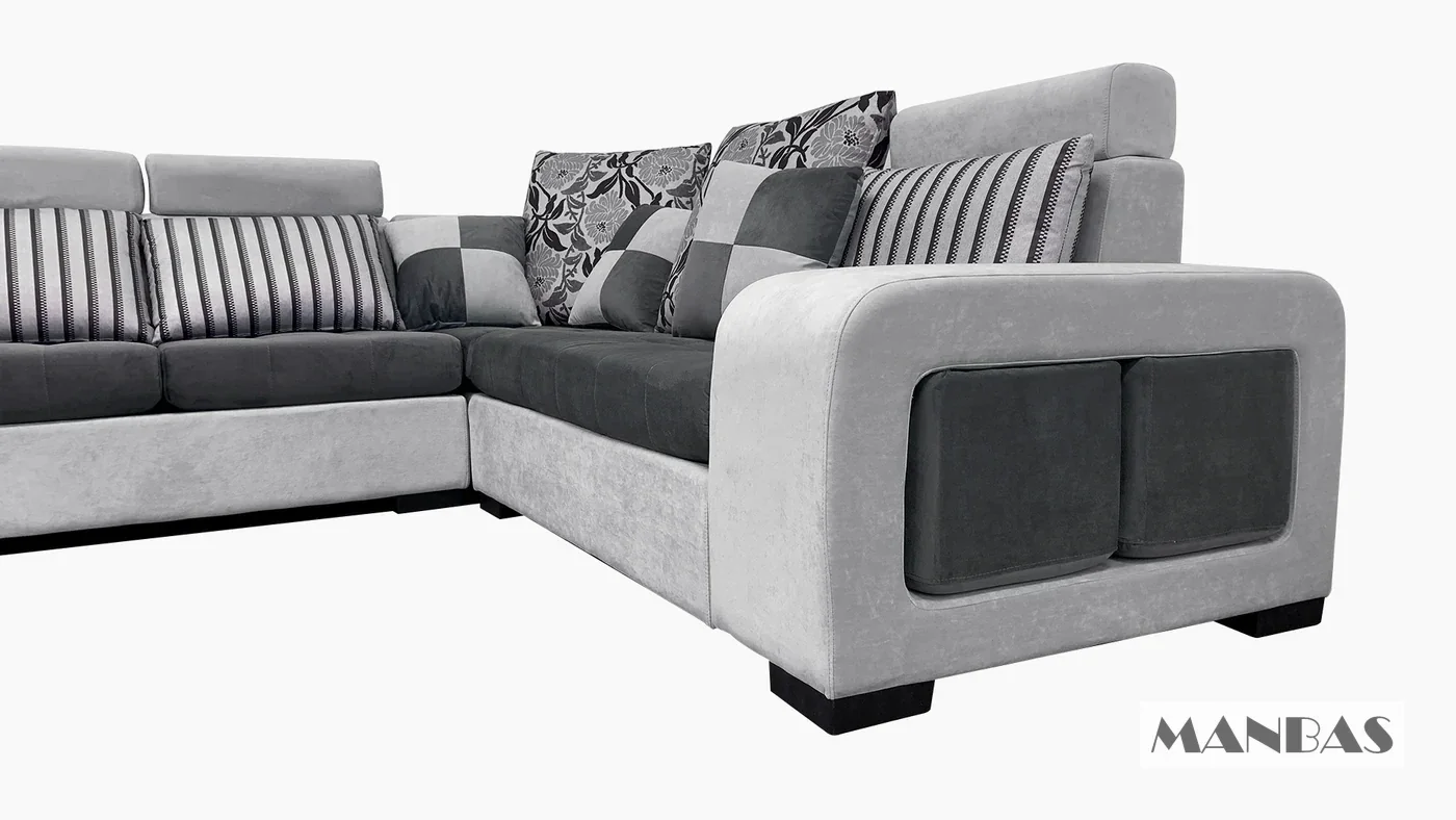 MINGDIBAO Dark Grey & Light Grey Fabric Sectional Couch With Chaise, U-Shape Coth Living Room Sofa With Stools Home Furniture