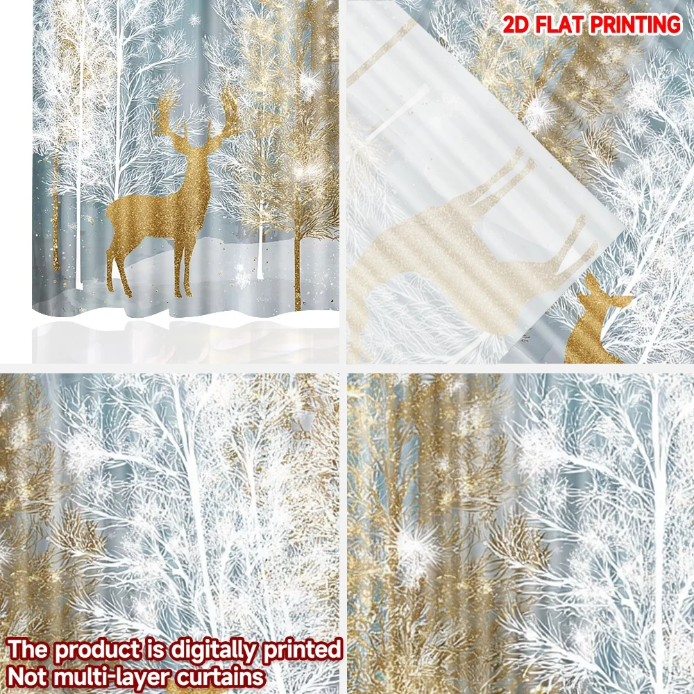 2D الطباعة المسطحة 2 قطعة ستائر الحفلات الثلج الذهب والأبيض الصنوبر الغزلان عيد الميلاد الرقمية المطبوعة البوليستر الستائر كل موسم #5
