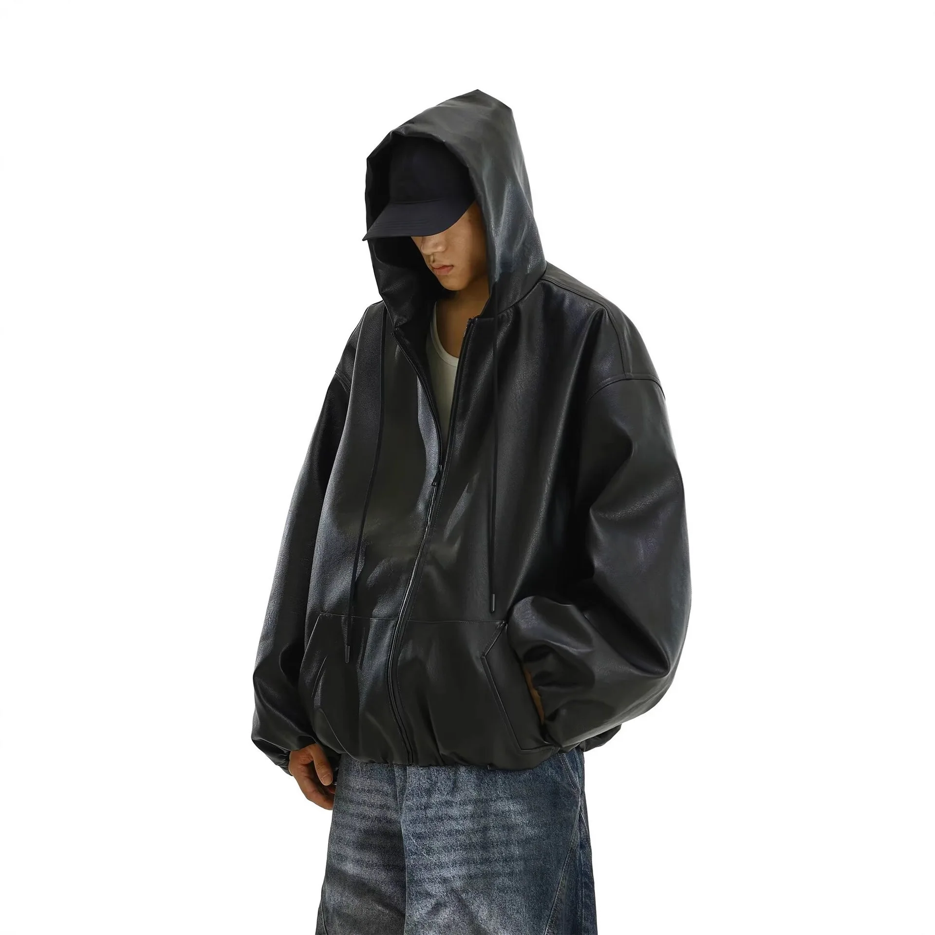 Men Leather Coat Spring Autumn High Street Loose Windproof Male Jacket Simple Solid Color Long Sleeve Hooded Man Outerwear