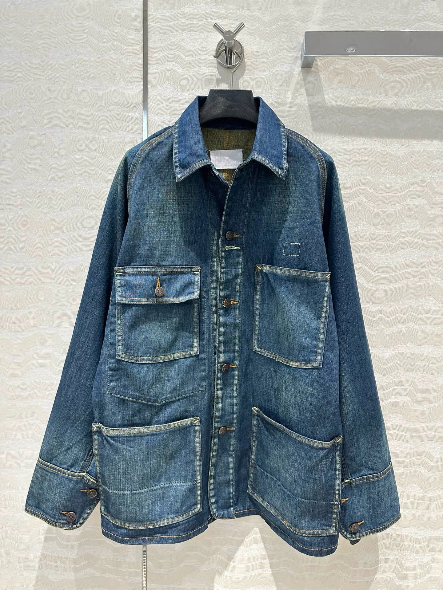 2024 New Trendy Sweet Cool Girl Work Clothes Pocket Denim Long Jacket/Classic Retro Moss Blue Handsome Item， Unisex Outfit