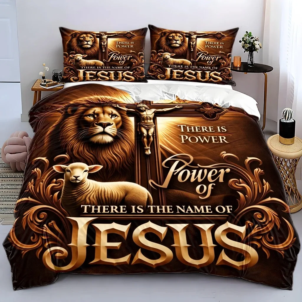Jesus Theme Religious Style Duvet Cover Set Machine Washable All-Season Bedding Hidden Zipper Design