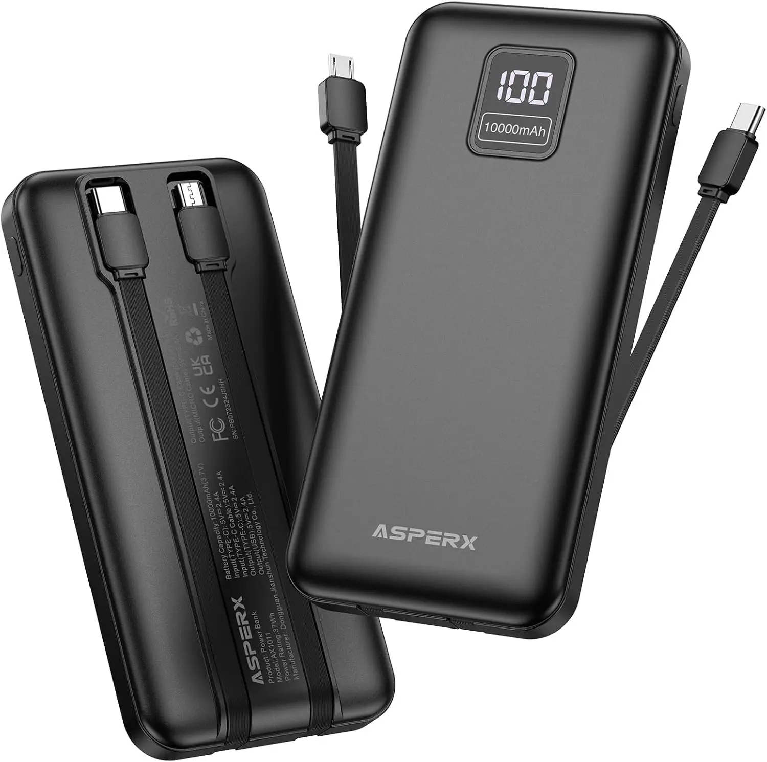 2-Pack 10000mAh Portable Charger with Built-in Cables, USB-C Power Bank for iPhone Samsung iPad Travel