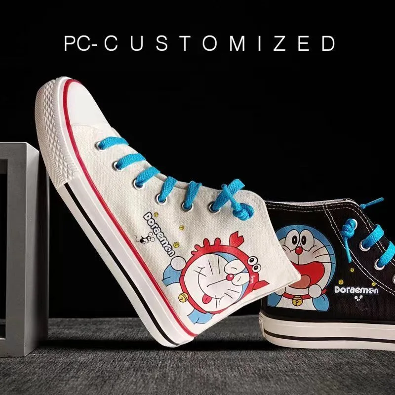 

Hand drawn cartoon machine cat high top canvas shoes, Doraemon co branded graffiti student shoes for men and women