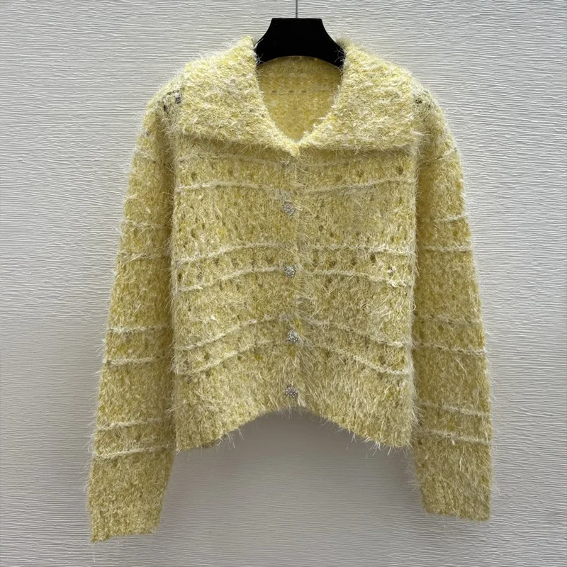 

Высококачественный женский кардиган из льна и кашемира с отложным воротником и выдолбленной нашивкой 251102260