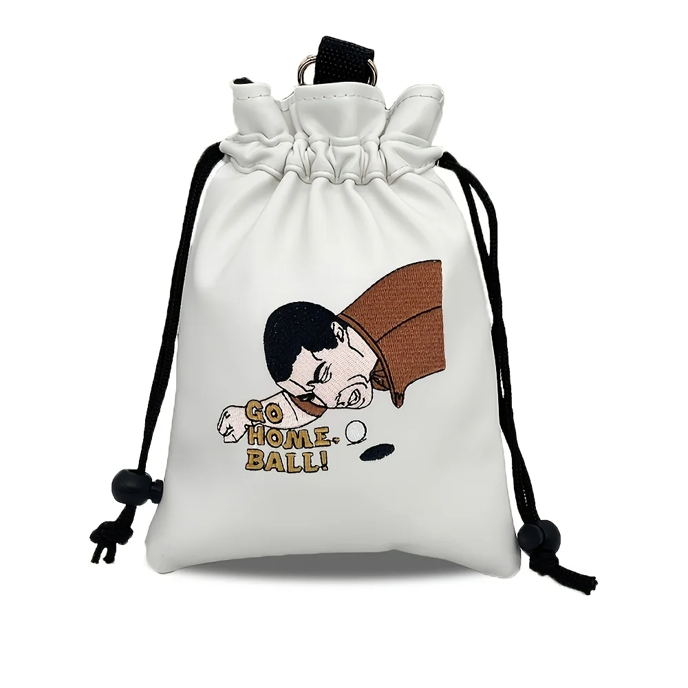 1pc Golf Drawstring Valuables Pouch with Prone Character Pattern, Premium PU Material Portable Storage Bag for Golf Balls