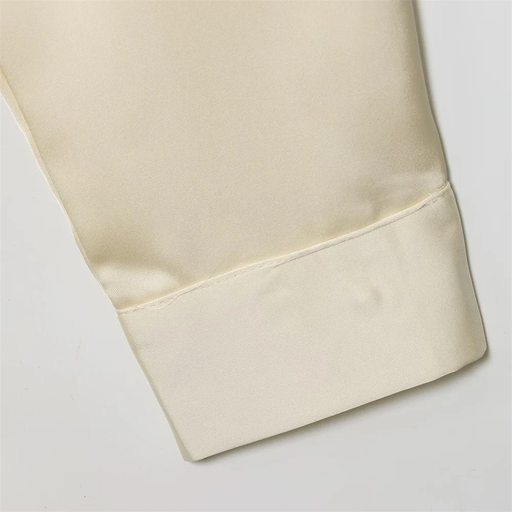 Autumn and winter new women's clothing style elegant long sleeved lapel silk texture double breasted solid color shirt