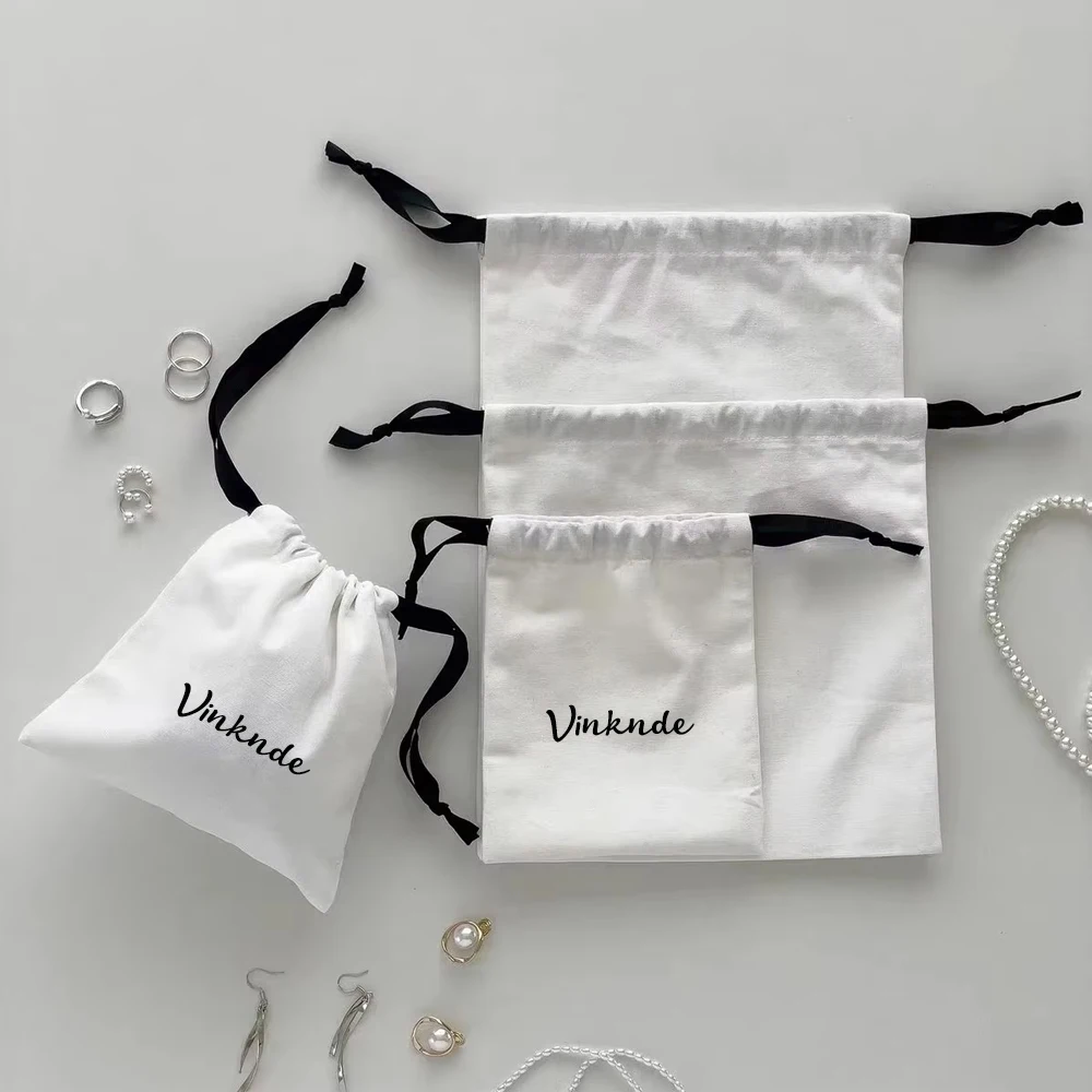 

100pcs White Cotton Jewelry Pouches Drawstring Black Rope Gift Bags Bar Mitzvah Xmas Wedding Candy Ring Earrings Packaging Bag