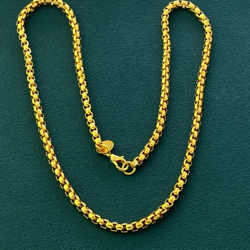 

Luxury 24K Gold 4MM Round Box Chain Necklace, Adjustable Length 18-24 Inches, Suitable For Both Men And Women As Jewelry