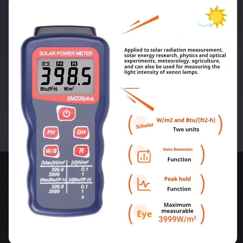 SM206 Solar Power Meter UV NIR Radiation Tester Light Intensity Irradiance Meter for Optical Physics Measurement