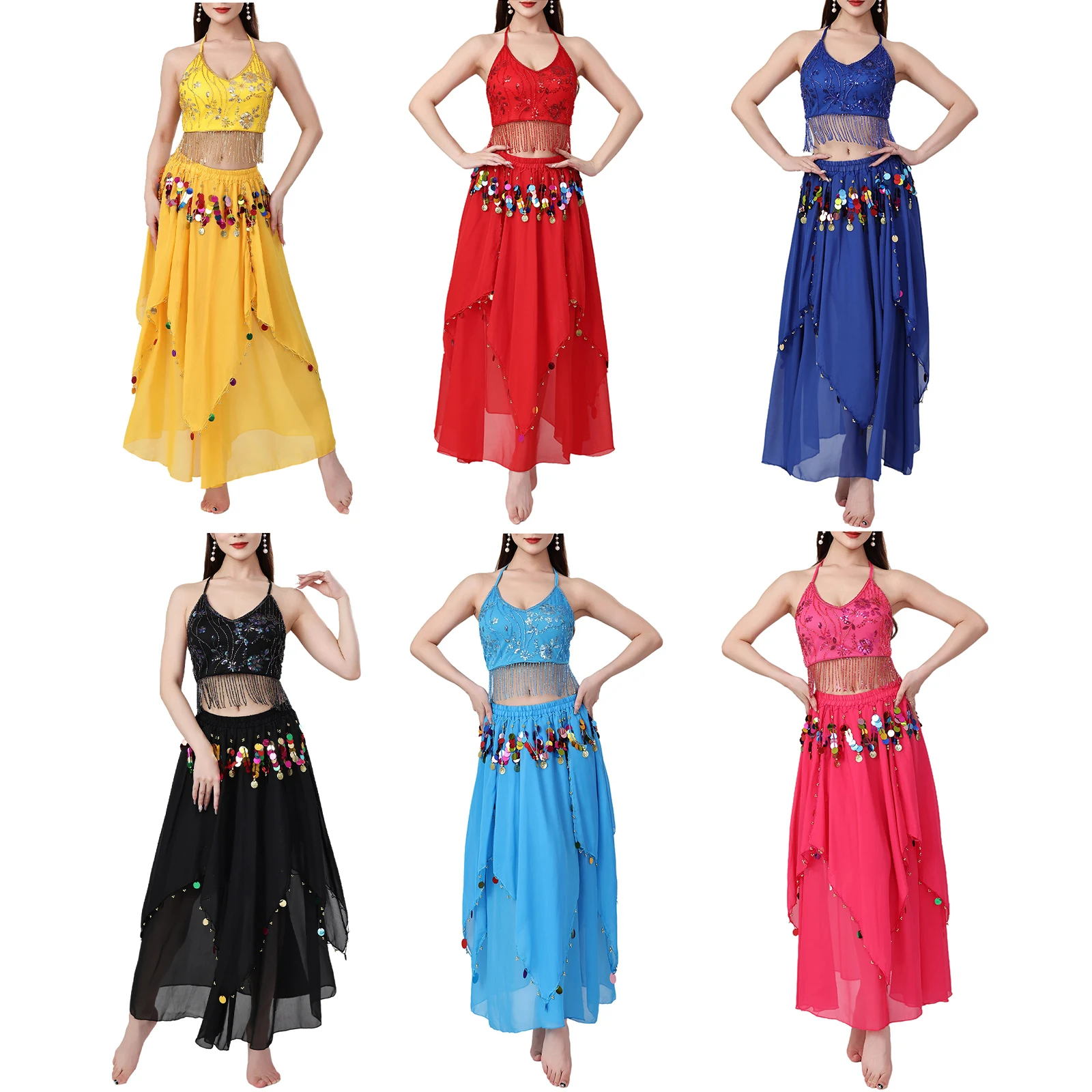 Womens buikdans kostuum franje geborduurde kant-up crop top en onregelmatige zoom chiffon rok lyrische buik moderne dans outfit