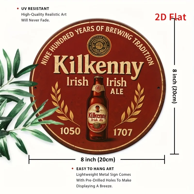 1pc Kilkenny Irish Beer Logo Metal Sign - Vintage 1752-2015 Brewing Heritage Wall Art, 8x8 Inch (20x20cm) Aluminum Pub Decor wit