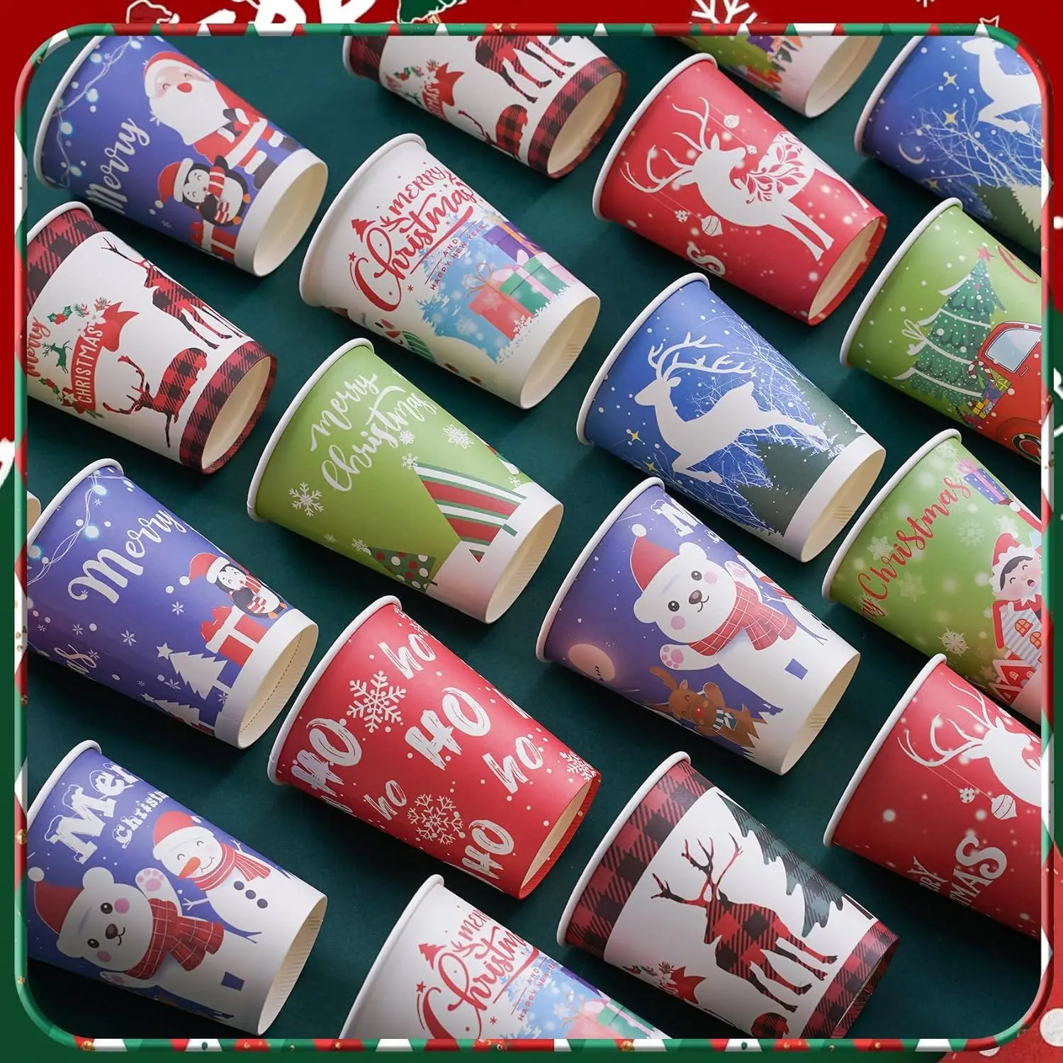 Christmas Cups with Lids and Sleeves 12oz Disposable Coffee Cups with Lids Hot Chocolate Cups 10 Designs, Christmas Paper
