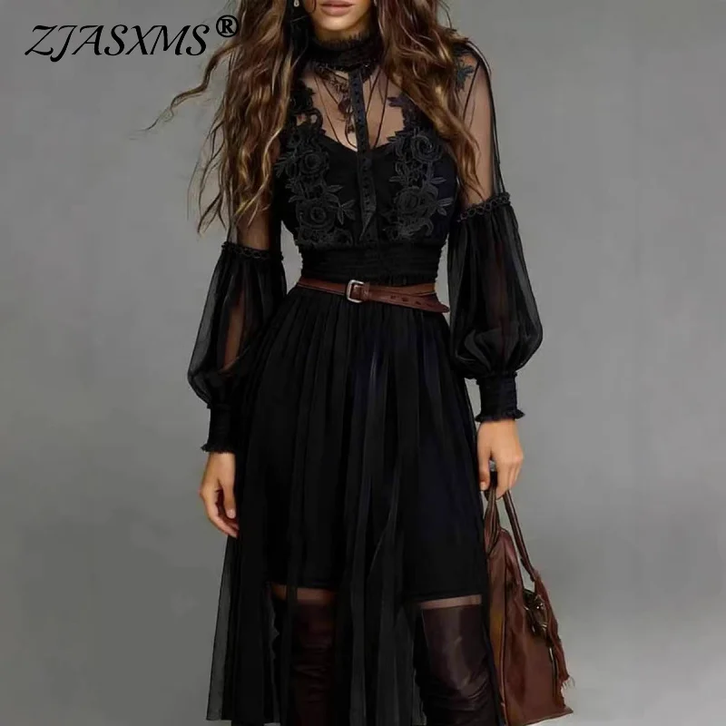 Sexy Applikationen Spitze Mesh Partykleider Damen 2026 Frühling Elegantes Rollkragen-Kleid mit Geraffter Taille Langes Vintage Boho Urlaubskleid