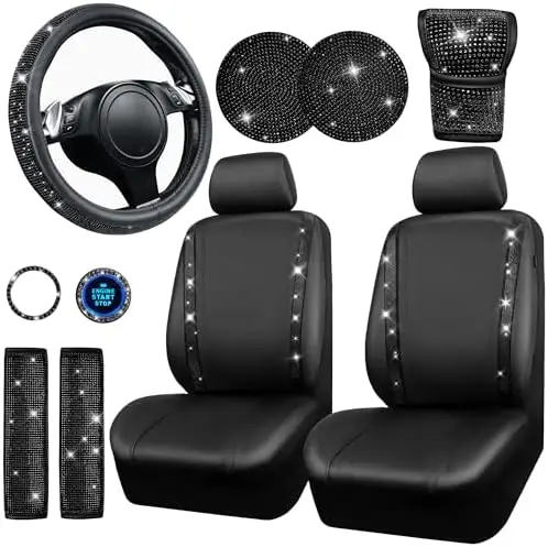 

Bling Diamond Leather Car Seat Covers 11-Piece Set with Rhinestones – Black