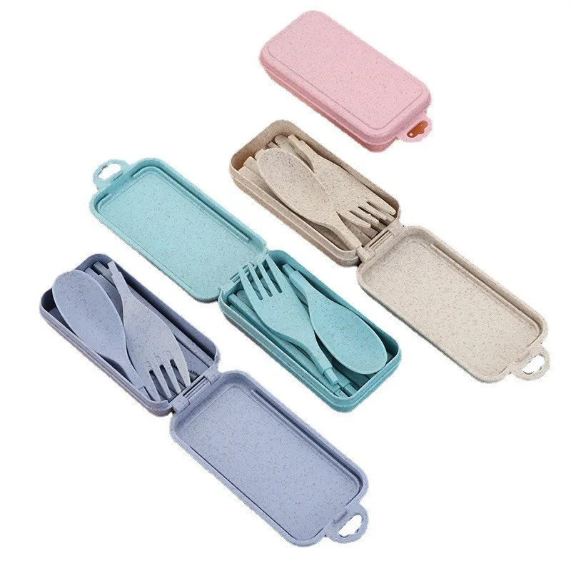 

4Pcs/set Travel Cutlery Portable Cutlery Box Japan Style Wheat Straw Knife Fork Spoon Student Dinnerware Sets Kitchen Tableware