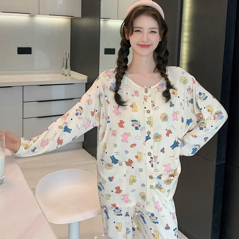 Modal Confinement Clothing Spring Women Thin Sweet Large Size Cardigan Sleepwear Suit Female Casual Loose Homewear Two-Piece Set