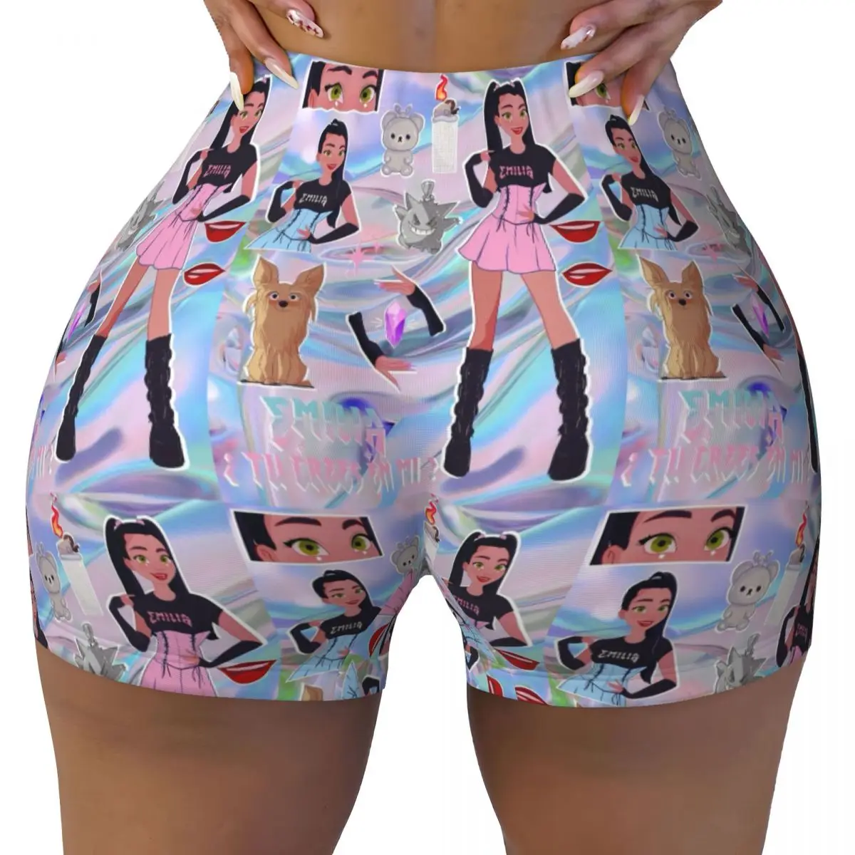 

Женские шорты для йоги E-Emilia Mernes Mp3 Singer, классические винтажные шорты для бега с плакатом, спортивные байкерские шорты для бега в тренажерном зале